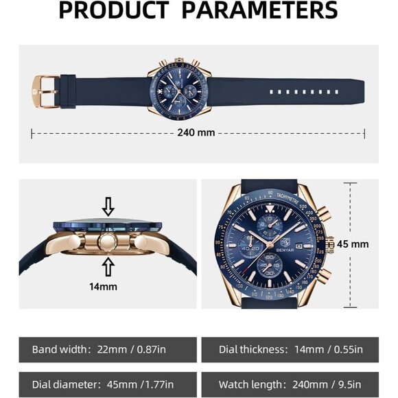 BY BENYAR Men's Analog Quartz Chronograph Watch 30M Waterproof Luminous Big Face - Picture 6 of 10